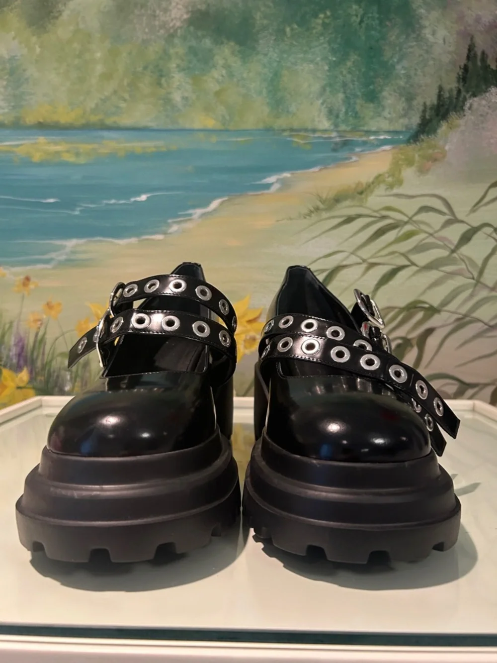 NWOB Maje Black Leather Platform Mary Jane “Babies” with Silver Eyelets